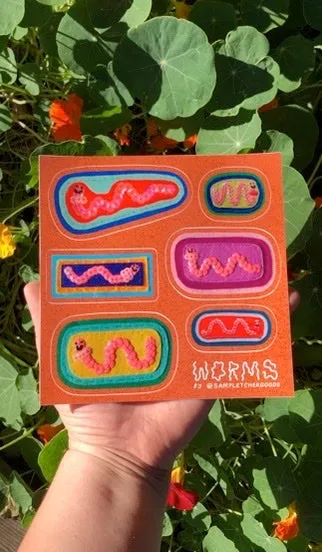 Worm Sticker Sheet ~ Sequin Patch Inspired Waterproof Sticker Sheet